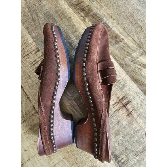 MICHAEL KORS Suede Leather Clogs Slip-On Wooden Studded Made In Italy 8B - Picture 9 of 9